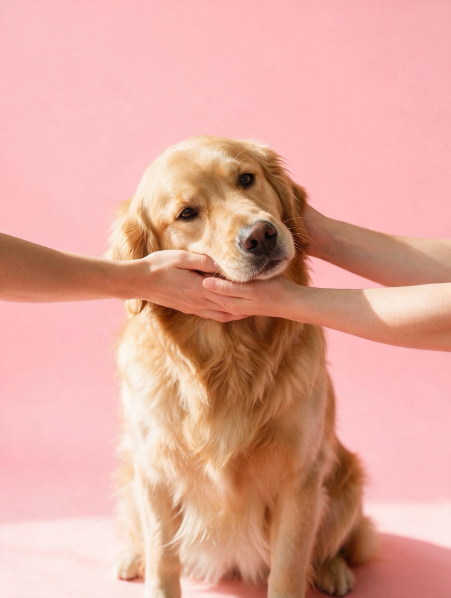 A golden retriever sitting on a pink backdrop while two hands hold its face